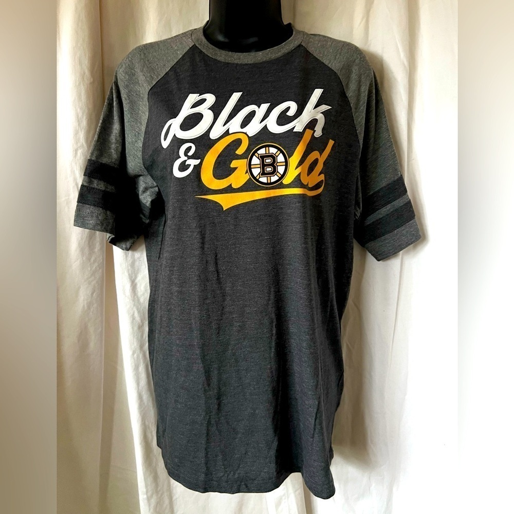 Fanatics Men's Sz M Black & Gold On Gray Boston Bruins NHL Tee Shirt NWT